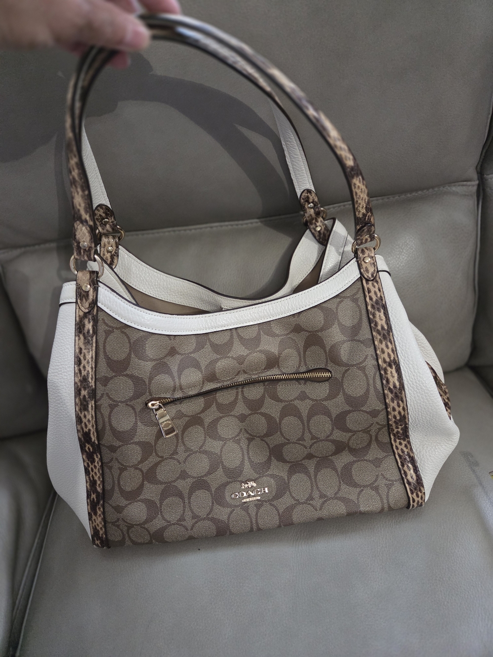 Coach Beige Signature Canvas Shoulder Bag with White Leather & Leopard Trim